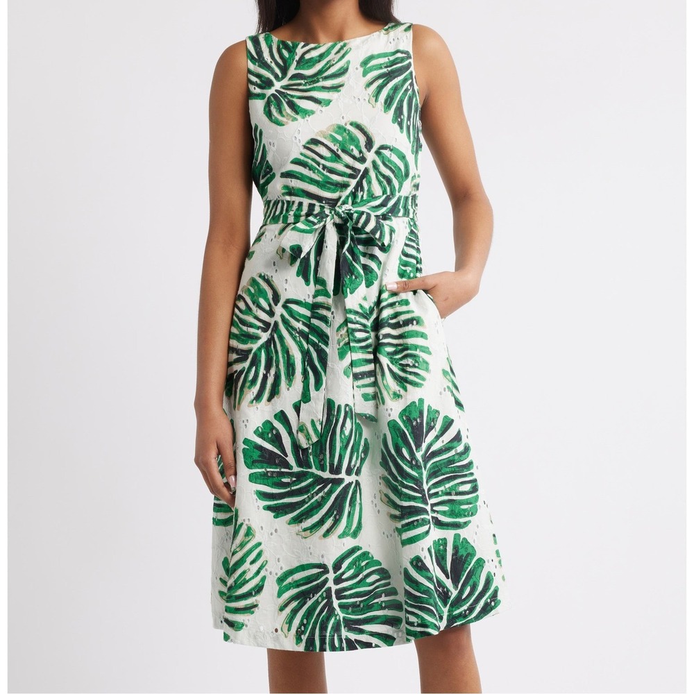 Anne Klein Sleeveless Fit & Flare Leaf Print Pullover Dress Womens Size 16